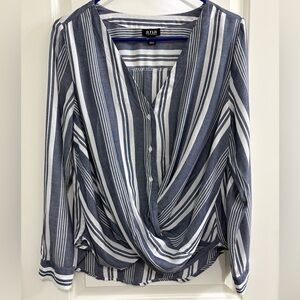 a.n.a Women's Navy and White Striped Blouse Twisted Front Hem